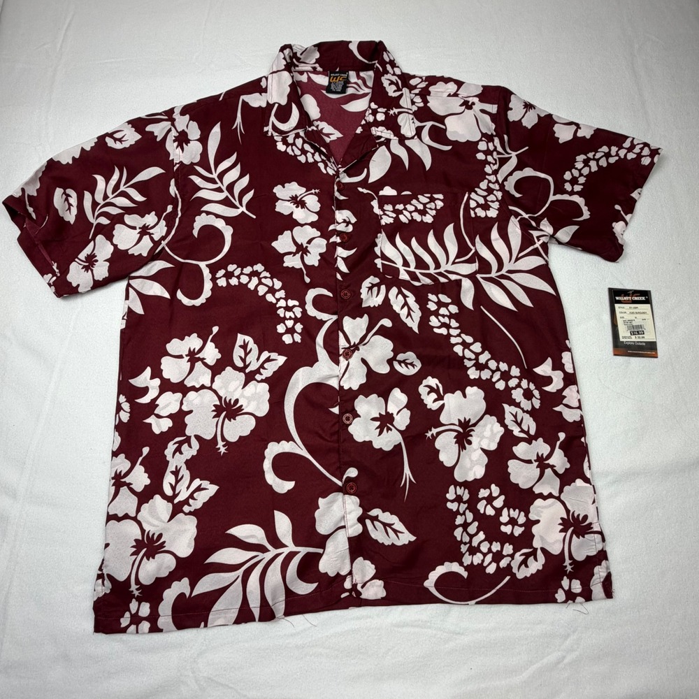 Walnut Creek Mens XL Burgundy Hibiscus Floral Short Sleeve Hawaiian Camp Shirt